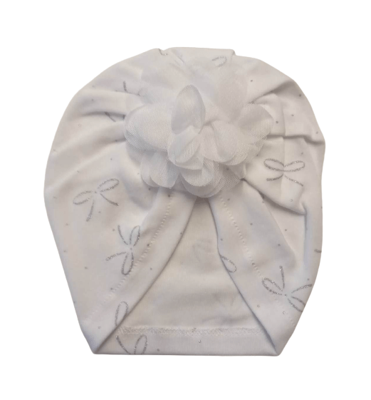 Čiapka / turban bavlnená biela so striebornými mašličkami - Biely tylový kvet, obv. hlavy 36/38