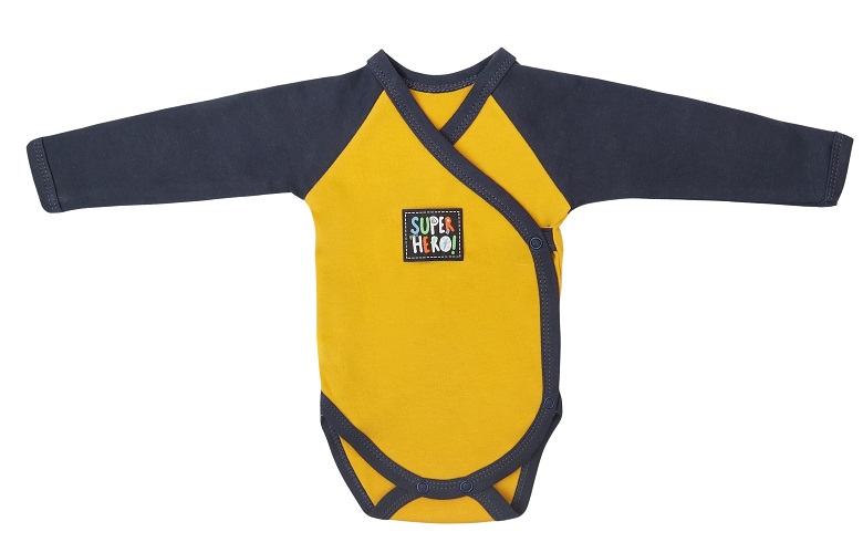 Body prekladacie Mamatti horčicové s modrou - Super hero, veľ. 56