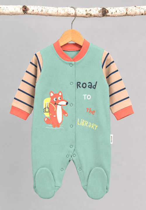 Bavlnený overal pre novorodenca zelený s béžovou - Fox, veľ. 56