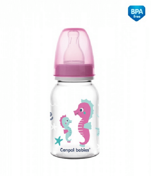 Dojčenská fľaša Canpol s úzkym hrdlom 120 ml - Ružová potlač, cumlík prietok 1