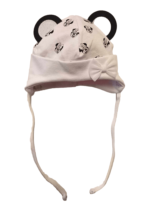 Prechodná čiapka na viazanie biela s uškami - Minnie, obv. hlavy 40-42 cm