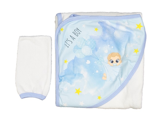 Detská froté osuška s kapucňou biela so sv. modrou - Boy