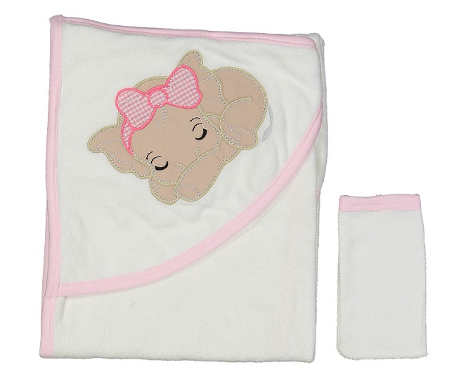 Detská froté osuška s kapucňou biela s ružovou + žinka, Sloník