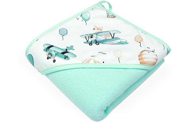 Detská termoosuška s kapucňou mätová 100x100 cm - Zvieratká v oblakoch