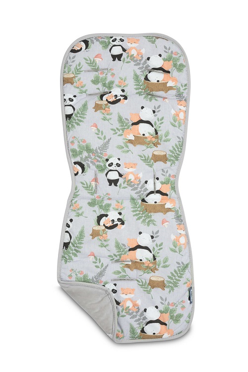 Vložka do športového kočíka minky sivá / sivá bavlna - Panda a líška