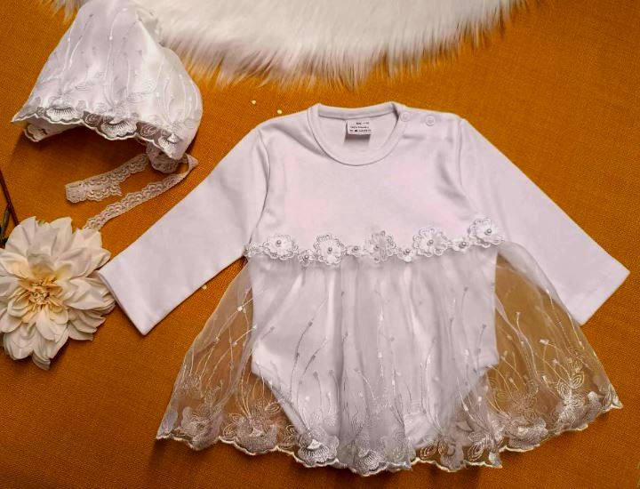 2 dielny set pre dievčatko biely body so sukničkou + čepček, veľ. 68