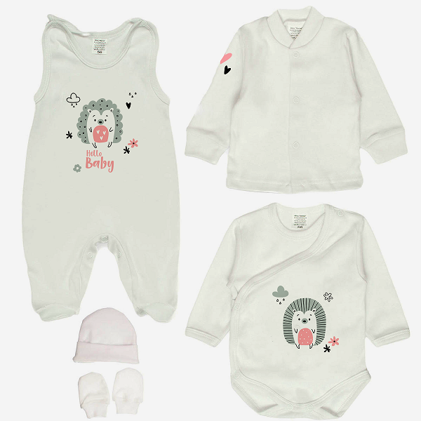 5 dielna súprava do pôrodnice pre dievčatko biela - Ježko, veľ. 50