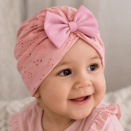 Vzdušný letný turban pre novorodenca ružový s mašličkou, obvod hlavy 38