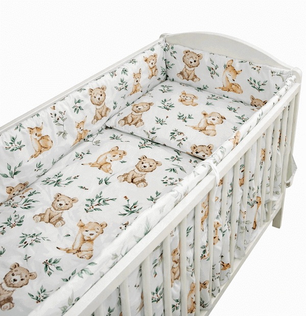 3 dielna sada (obliečky 120x90 + mantinel 360 cm) biela s béžovou - Medveď a srna