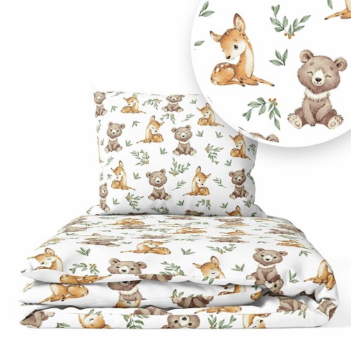 4 dielna sada do postieľky s baldachýnom biela s béžovou - Medveď a srnka